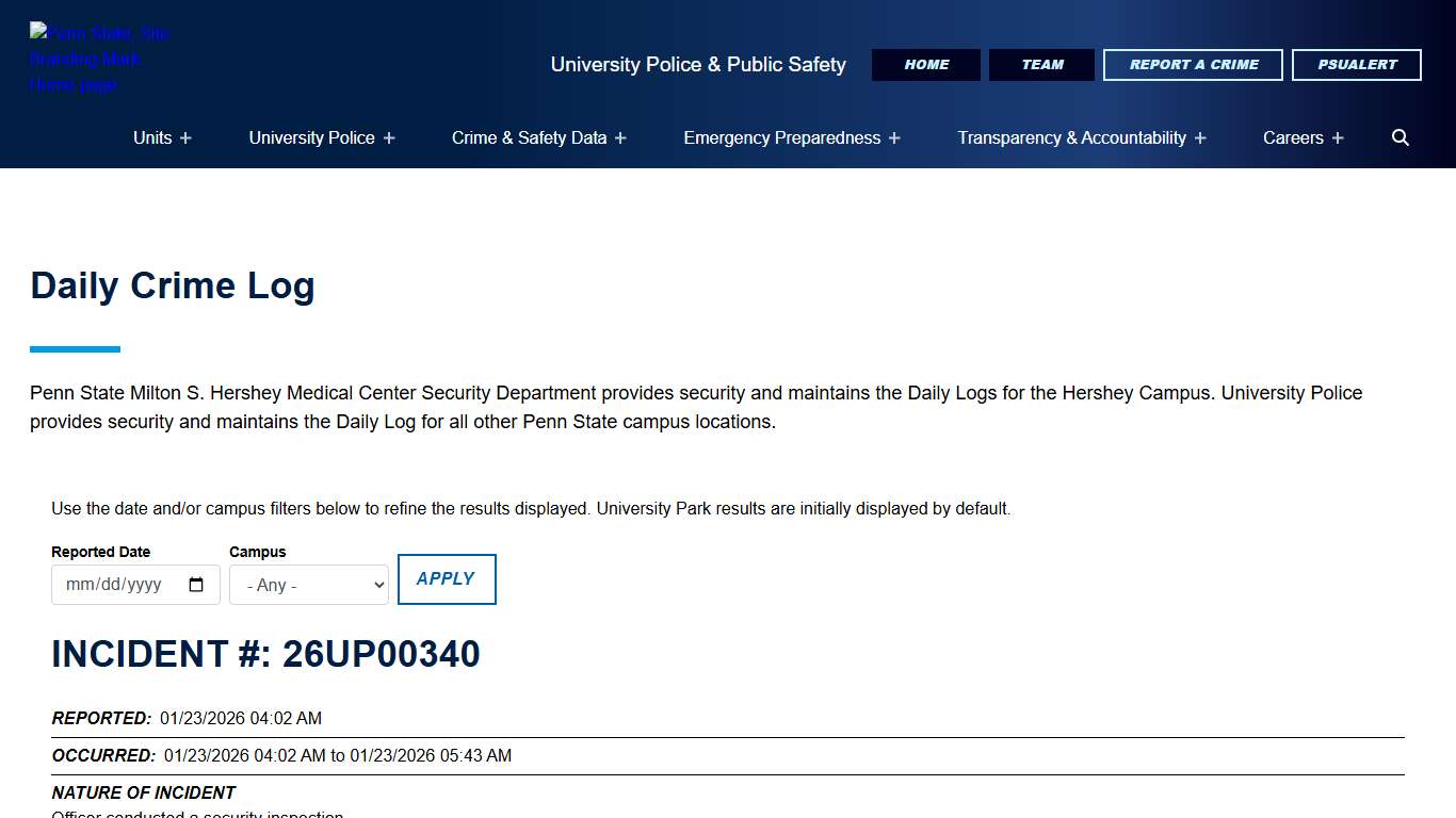 Daily Crime Log University Police & Public Safety